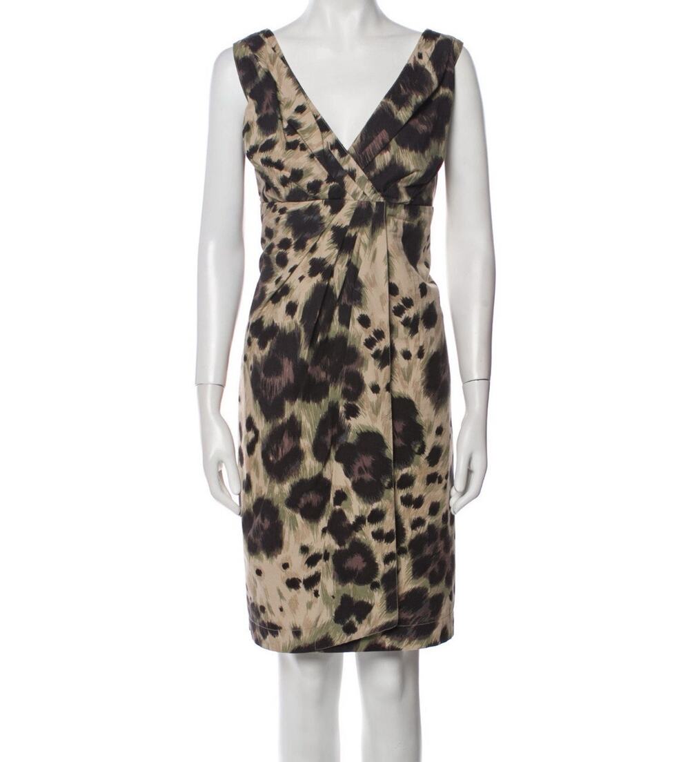 RED Valentino Khaki Green Beige Black Leopard Print Faux Wrap Sheath Dress 46/8